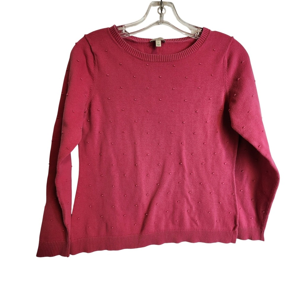Talbots Petite Raspberry Pink‎ Textured Polka Dot 100% Cotton Crewneck Sweater P